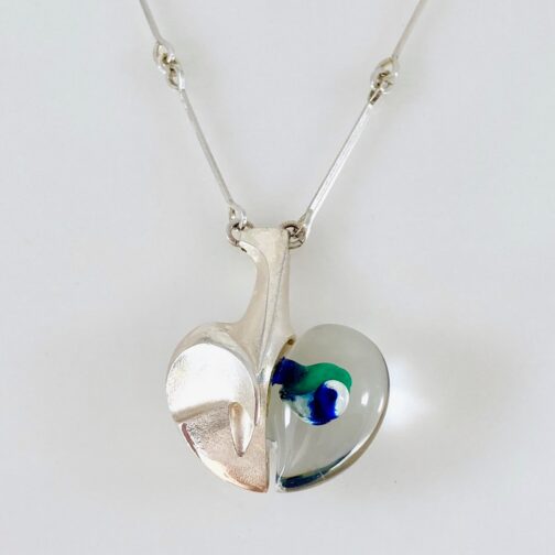 Space Apple by Björn Weckström for Lapponia, silver with acrylic with green and blue tones. "Space Apple" from his renowned "Space Silver" series. MCM jewelry from Finland.
