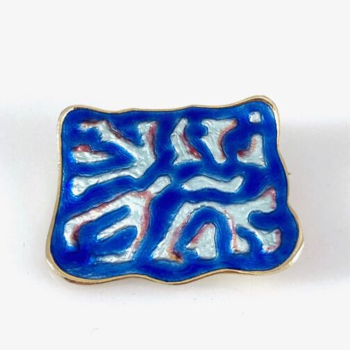 Experimental brooch by Øystein Balle, silver gilt with enamel. Eruptive enamel design on a curved surface of silver from this prominent MCM exponent.